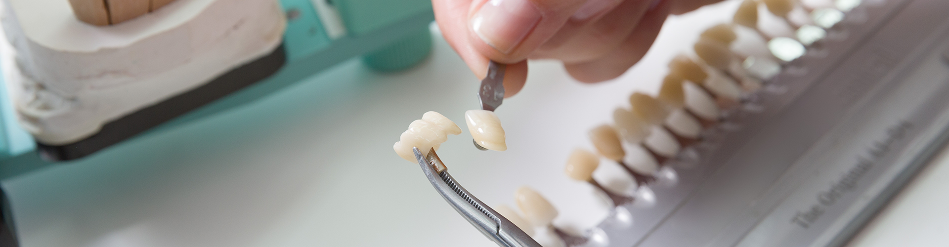 dental crowns held in dental forceps by hands.